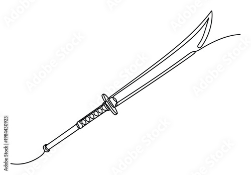 Elegant continuous line art drawing of a classic long sword with a curved blade and wrapped handle, perfect for martial arts themed designs, minimalist weapon iconography, or fantasy gaming