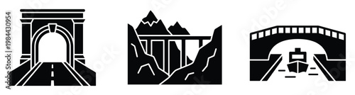 Modern transportation infrastructure symbols depicting a road tunnel, a high bridge over a gorge, and a canal boat under an arch, perfect for informational graphics.