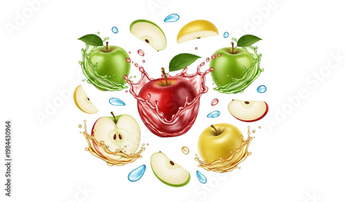 A colorful vector illustration of apples and apple slices with splashes of juice