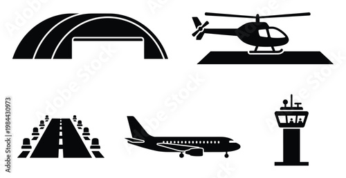 Comprehensive set of essential aviation icons including hangar, helicopter, runway, airplane, and control tower for air travel infographics and user interface design applications
