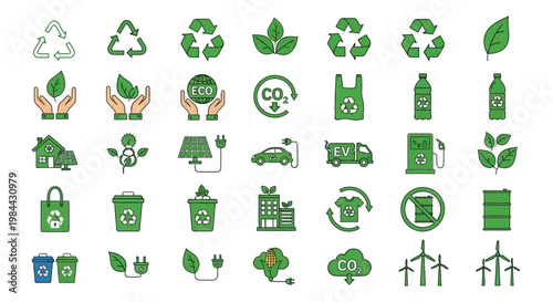 Collection of Green Energy and Eco-Friendly Icons Representing Sustainability and Environmental Care