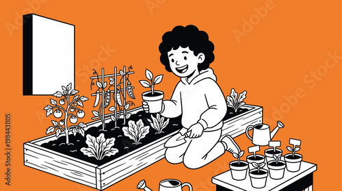 Happy Little Boy Gardening with Organic Plants in Raised Bed Garden Bl