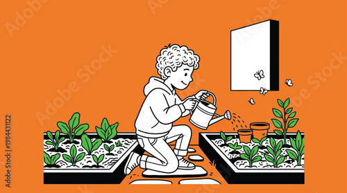 Little Boy Watering Green Plants in Backyard Garden Illustration Child