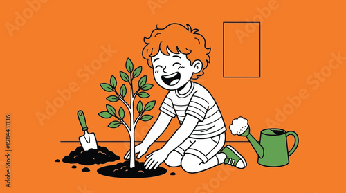 Happy Little Boy Planting a Tree Sapling with Garden Tools Illustratio