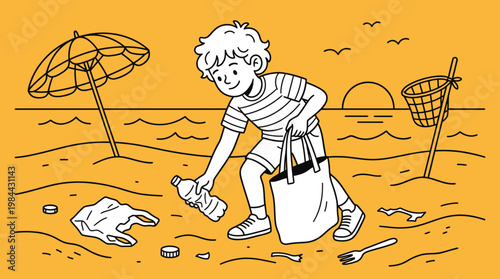 Little Boy Cleaning Plastic Waste on Beach Vector Illustration Line Ar