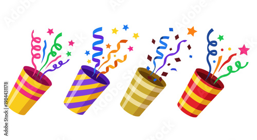 Celebration party poppers exploding with colorful confetti and streamers, festive holiday design elements