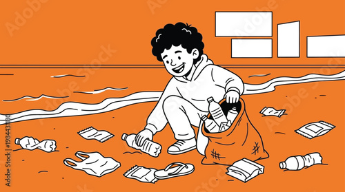 Little Boy Cleaning Up Plastic Bottles and Trash on the Beach Illustra