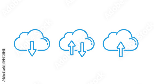 Versatile Set of Three Essential Cloud Icons Depicting Data Upload, Download, and Synchronization Processes for Modern Digital Information Management and Storage Solutions