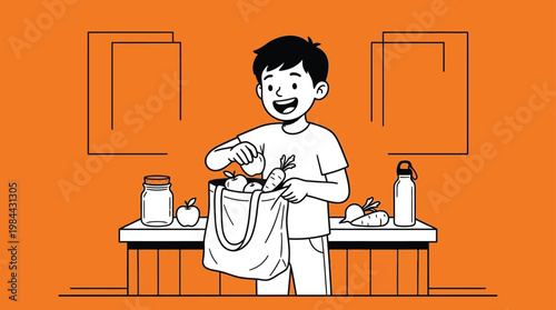Happy Young Boy Using Reusable Cloth Bag for Groceries to Reduce Plast