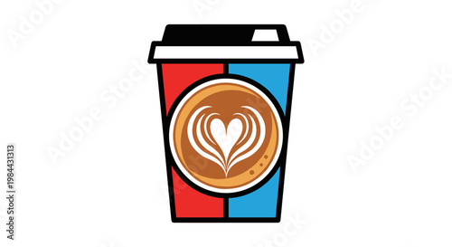 Illustrated coffee cup with heart latte art in colorful design  