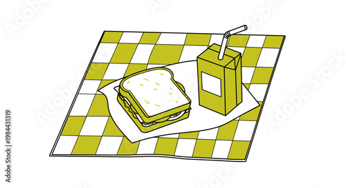 Sandwich and juice box on a checkered picnic blanket  