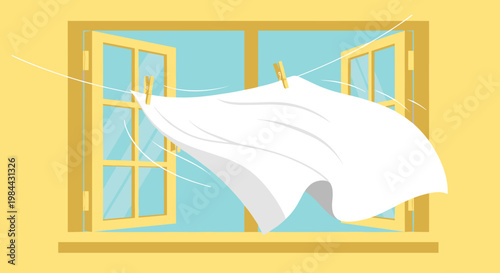 Fresh white sheet blowing in the wind through open window indoors  