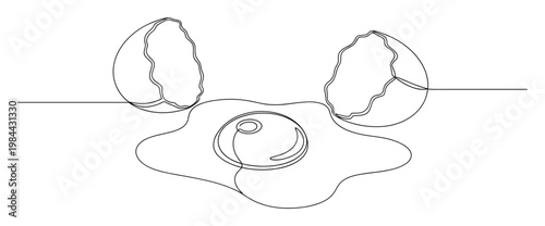 A minimalist one line drawing of a cracked egg with its yolk and white flowing out, perfect for food blogs, restaurant menus, breakfast advertisements, or cooking themed graphics.