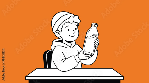 Line Art Illustration of a Little Boy Holding a Glass Bottle of Fresh