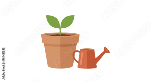 Potted plant with green leaves and watering can on white background  