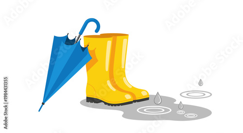 Yellow rubber boots and blue umbrella with rain drops on white  