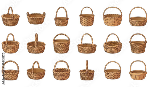 A collection of various wicker baskets with handles on a white background