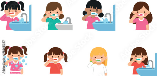 Kids brushing teeth illustration set with children hygiene routine characters washing mouth and dental care concept for healthy lifestyle
