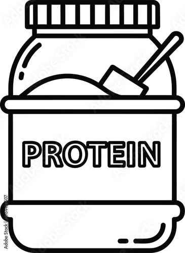 Container of protein powder with scoop for fitness nutrition line art recovery