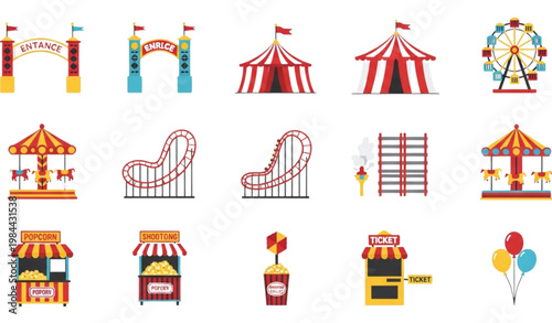 A colorful vector illustration of various carnival icons and attractions