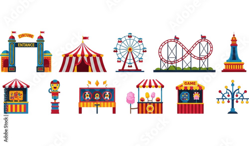 A colorful vector illustration of various carnival icons and attractions
