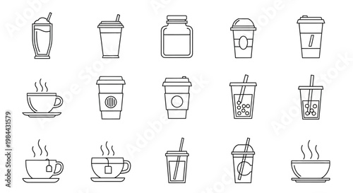 Collection of popular beverage container icons representing various drinks for graphic design and branding purposes