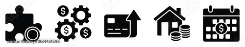 Financial management concept featuring puzzle, gears, credit card growth, home investment, and scheduled payments for budgeting and strategic planning applications