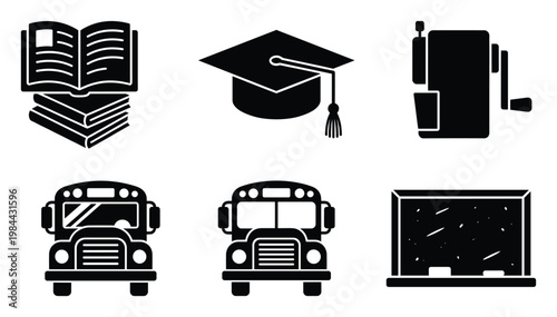Collection of essential education symbols including books, graduation cap, pencil sharpener, school buses, and blackboard for academic projects and learningrelated content