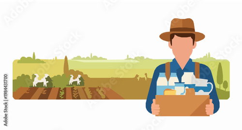 Farmer with dairy products vector illustration milk cheese cream bottles in rural farm landscape