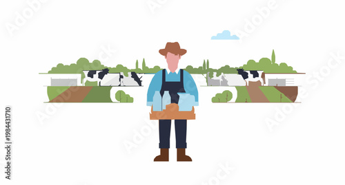 Minimal farmer with dairy products vector scene milk cheese cream in simple rural landscape