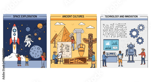 Illustrative flat lay of three educational posters about space exploration, ancient cultures, and technology and innovation against a clean white background.