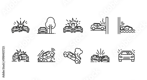 Collection of outline icons illustrating various car accidents, vehicle collisions, and road incidents, representing automotive safety issues and potential damage scenarios