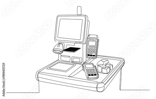 Modern selfcheckout station equipped with point of sale terminals and an item scanner, ideal for contemporary retail store technology and efficient payment processing.