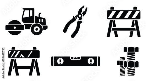 Black silhouette icons of construction tools and heavy equipment including road roller, pliers, safety barrier, and spirit level, useful for industrial projects, engineering designs, and