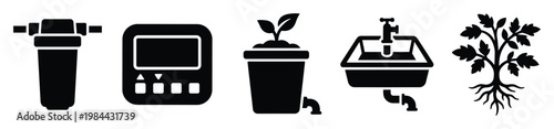 Collection of essential black glyph icons for water filtration, plant growth, and plumbing systems, ideal for modern technology or home improvement applications
