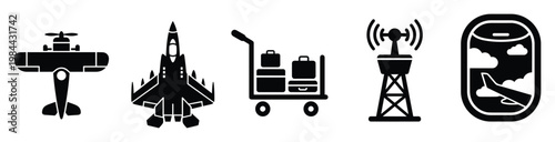 Collection of aviation travel and airport related black glyph icons ideal for transportation service brochures infographics mobile applications and website interfaces
