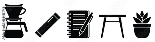 Glyph icons representing everyday objects for a productive morning routine or a relaxing break featuring coffee tools stationery furniture and a houseplant for lifestyle concepts