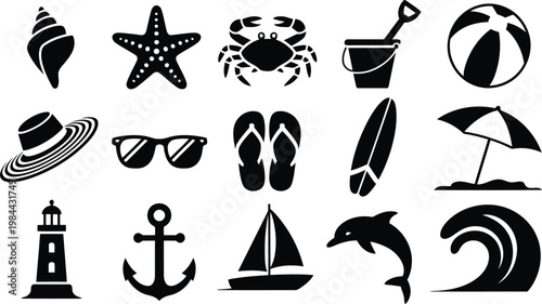 Black silhouette summer and nautical icons collection