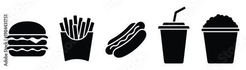 Fast food icons collection featuring popular items like hamburger, french fries, hot dog, soda, and popcorn, ideal for menu design and digital applications