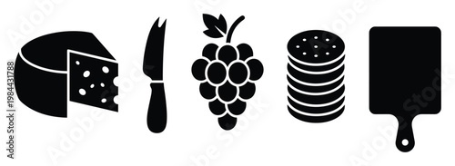 Gourmet food elements in silhouette style showing delicious cheese, sharp knife, sweet grapes, sliced salami, and sturdy serving board ideal for culinary themed presentations and menu