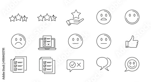 Clean vector line icons for customer feedback, satisfaction ratings, and survey responses. Evaluate user experience, product quality, and online review systems effectively