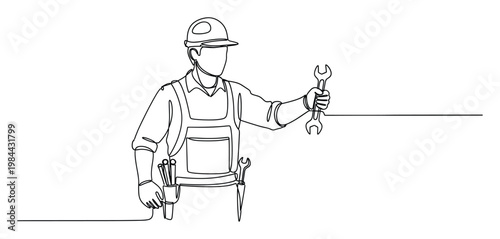 Worker wearing a hard hat and overalls holding a wrench in a continuous line drawing style symbolizing repair and maintenance services for various industries and home improvement tasks
