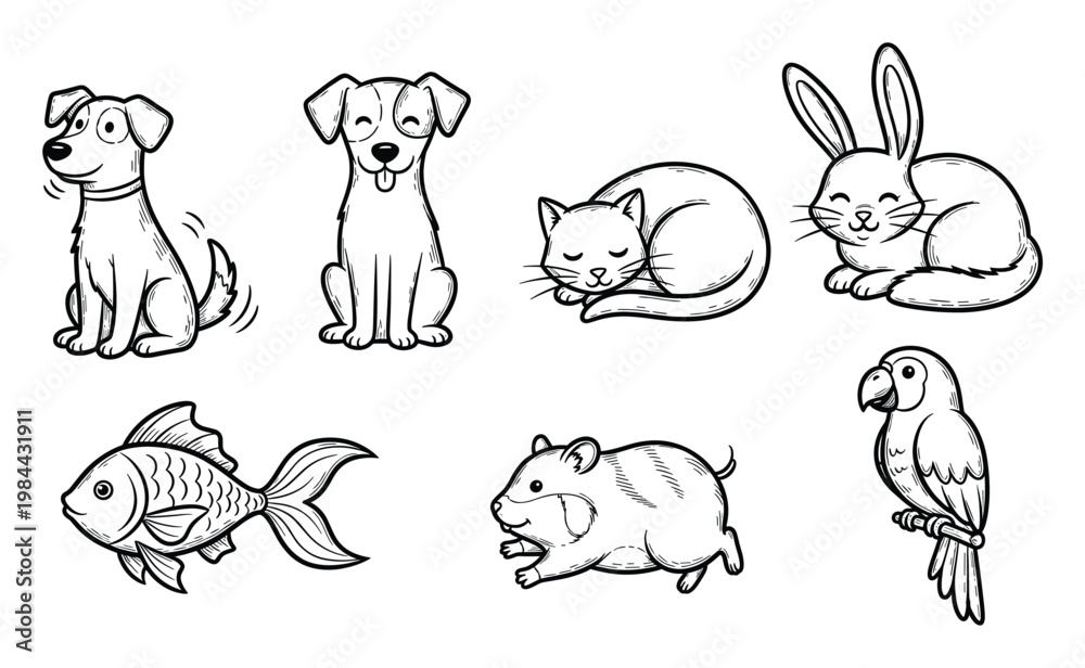 Obraz premium Collection of different domestic animals including dogs, cats, rabbits, fish, hamsters, and parrots depicted in a simple outline drawing style for various pet themed projects and