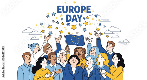 Illustration of a diverse group of people celebrating Europe Day with a flag and stars on a white background with a joyful mood.