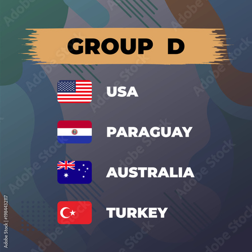 Group D 2026 football championship table vector illustration. showcasing group D with flags and country names.