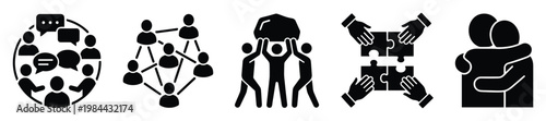 Set of five powerful black glyphs symbolizing teamwork collaboration communication and empathy in business or social contexts for various informational graphics
