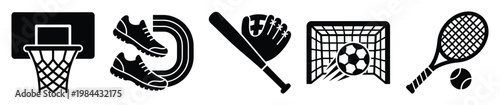 Collection of sports equipment icons featuring basketball hoop running shoes baseball gear soccer goal and tennis racket for athletic themes fitness projects and recreation graphics