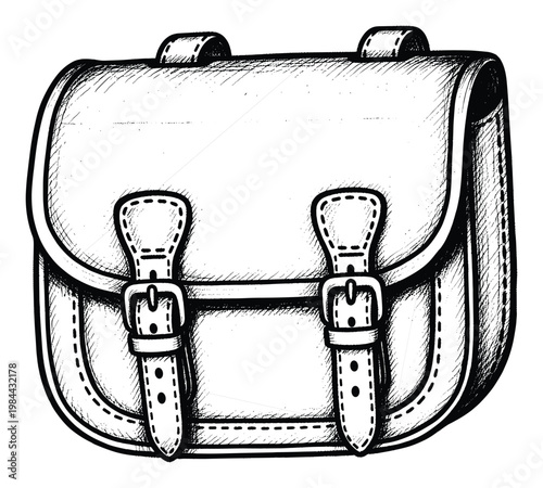 Black and white hand drawn sketch of a traditional leather satchel with buckle closures perfect for educational themes childrens school supplies or vintage fashion applications