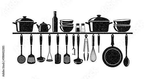 A well-stocked kitchen shelf displaying a variety of cooking utensils and cookware in a black and white illustration style