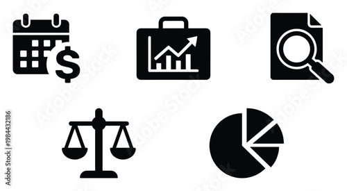 Comprehensive set of business and finance icons depicting financial planning, market growth, detailed analysis, legal balance, and statistical data visualization for professional
